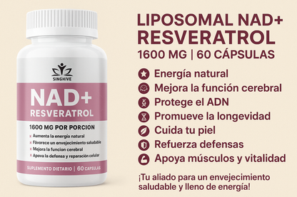 NAD+RESVERATROL Energía, Vitalidad y Rejuvenecimiento celular 1600 MG